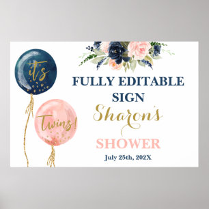 Rosa und blaue Ballons Babydusche Twins Zeichen Poster