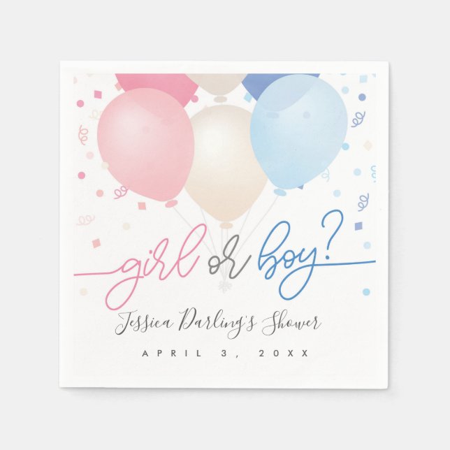 Rosa und blaue Ballons für das Geschlecht Serviette (Vorderseite)