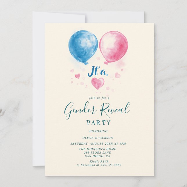 Rosa und blaue Ballons Gender Reveal Party Einladung (Vorderseite)