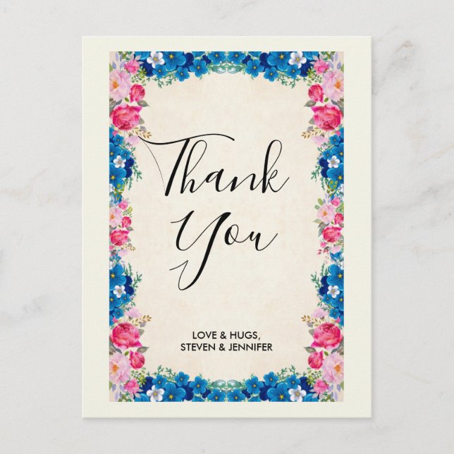 Rosa und blaue Blume Rahmen Extravagante Hochzeit  Postkarte (Vorderseite)