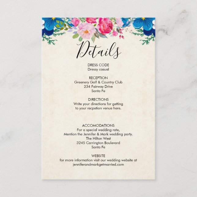 Rosa und blaue Blumen - Angaben zur Hochzeitsstimm (Vorderseite)