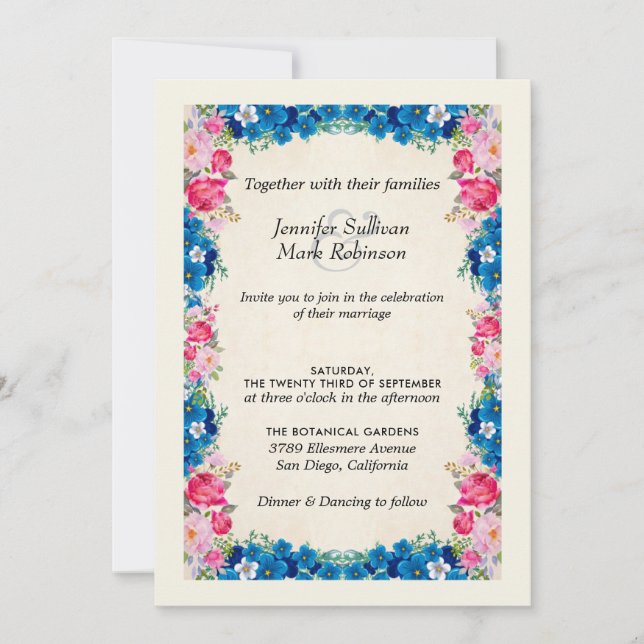 Rosa und blaue Blumen auf Imitate Parchment Weddin Einladung (Vorderseite)