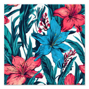 Rosa und blaue Blumen auf Weiß Fotodruck