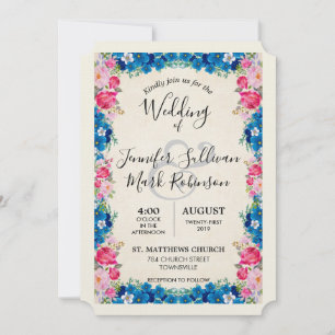 Rosa und blaue Blumen Elegante Hochzeit Einladung