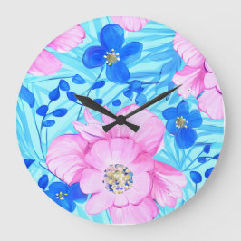 Rosa und blaue Blumen Große Wanduhr