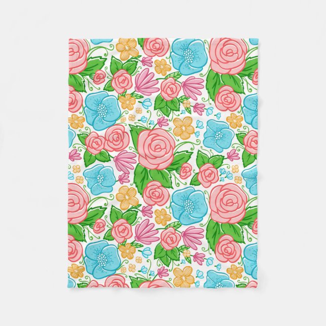 Rosa und blaue Blumen im blauen Hintergrund Fleecedecke (Vorderseite)