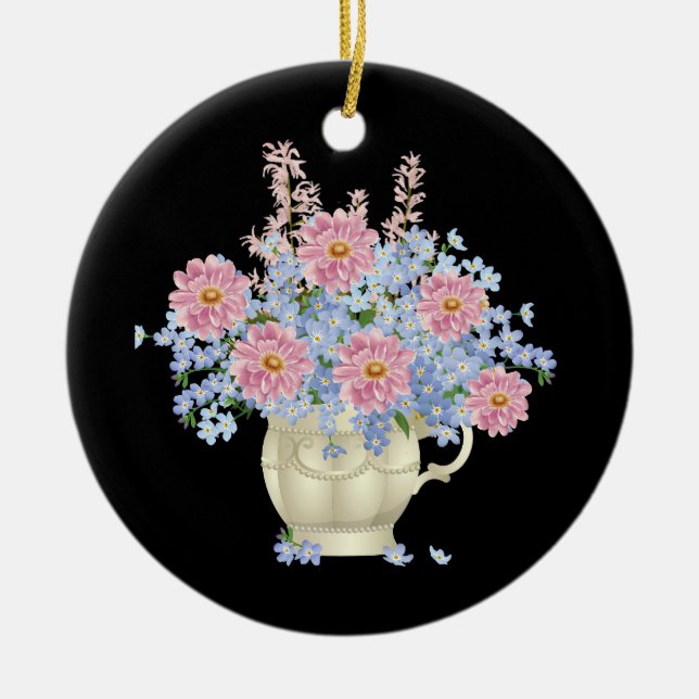 Rosa und blaue Blumen mit schwarzem Hintergrund Keramik Ornament (Vorne)