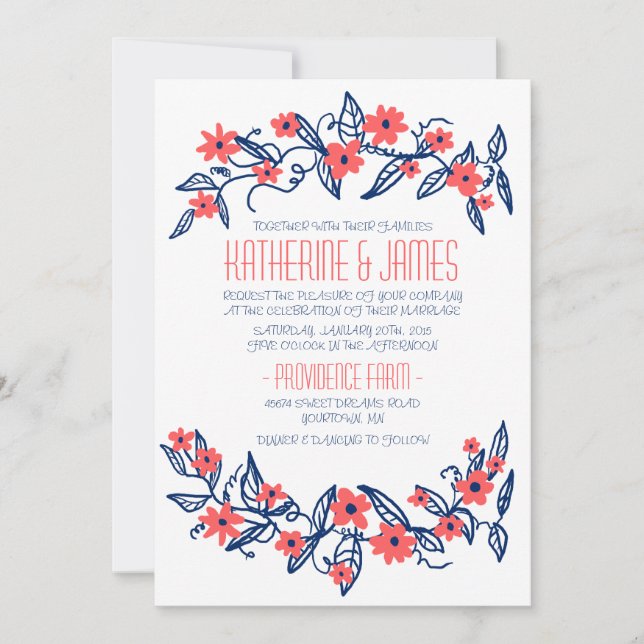 Rosa und blaue Blumenbanner zum Hochzeitsempfang Einladung (Vorderseite)