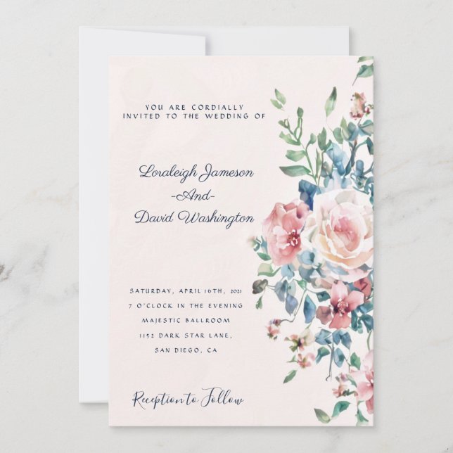 Rosa und blaue Blumengrenze Einladung zur Hochzeit (Vorderseite)