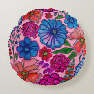 Rosa und blaue Blumenmuster Rundes Kissen