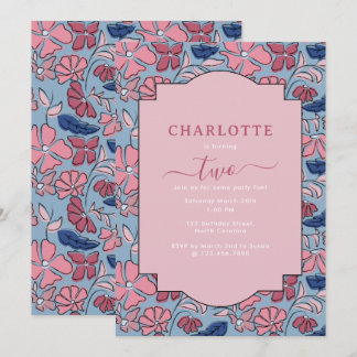 Rosa und blaue Blütenblöcke Print Girl Birthday Einladung