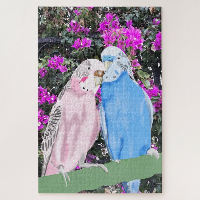 Rosa und blaue Budgien gegen rosa Bougainvillia (Vertikal)