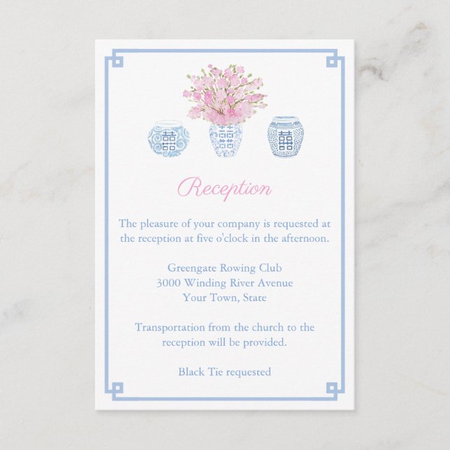 Rosa und blaue Chinoiserie Hochzeitsempfehlung Begleitkarte (Vorderseite)