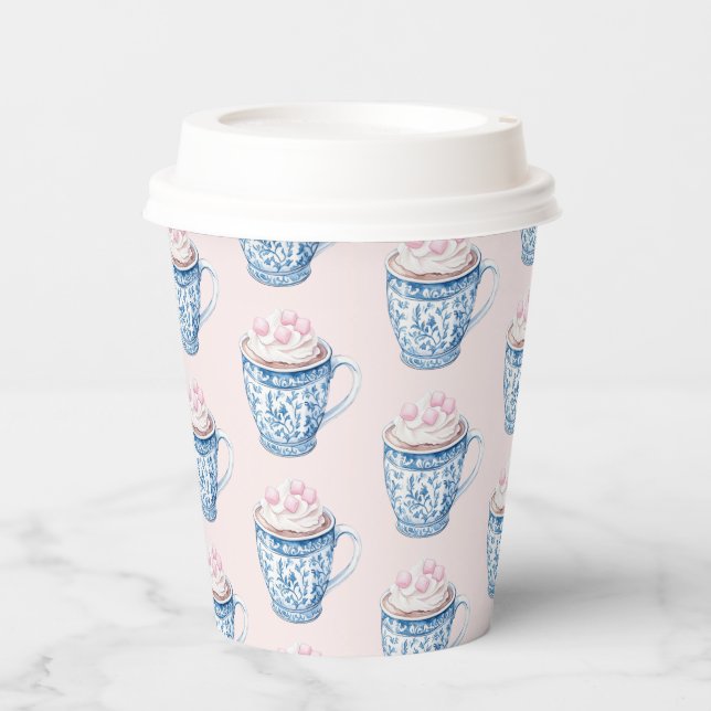 Rosa und blaue Chinoiserie Tasse Kakao Pappbecher (Vorderseite)