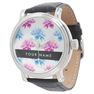 Rosa und blaue Dahlie, Blumenmuster, Ihr Name Armbanduhr
