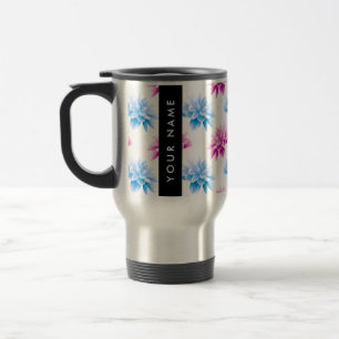 Rosa und blaue Dahlie, Blumenmuster, Ihr Name Reisebecher