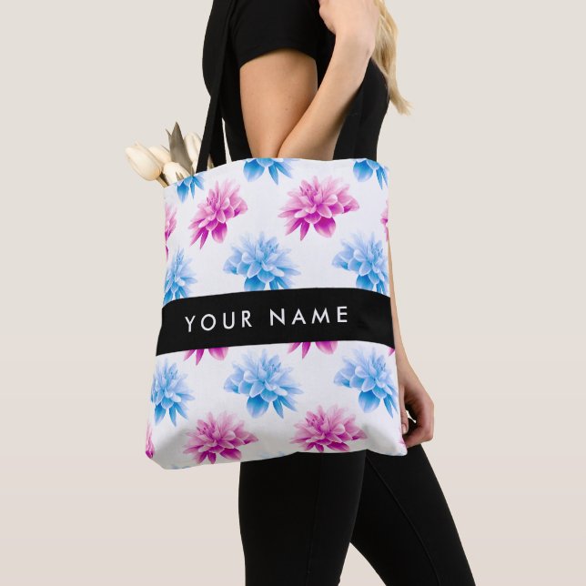Rosa und blaue Dahlien, Blumenmuster, Ihr Name Tasche (Von Nahem)