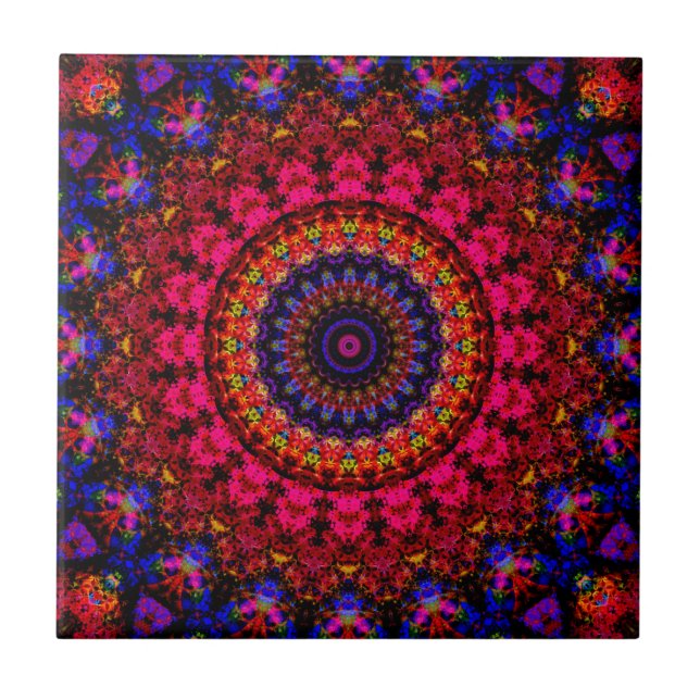 Rosa und blaue ethnische Damask mandala kaleidosco Fliese (Vorderseite)