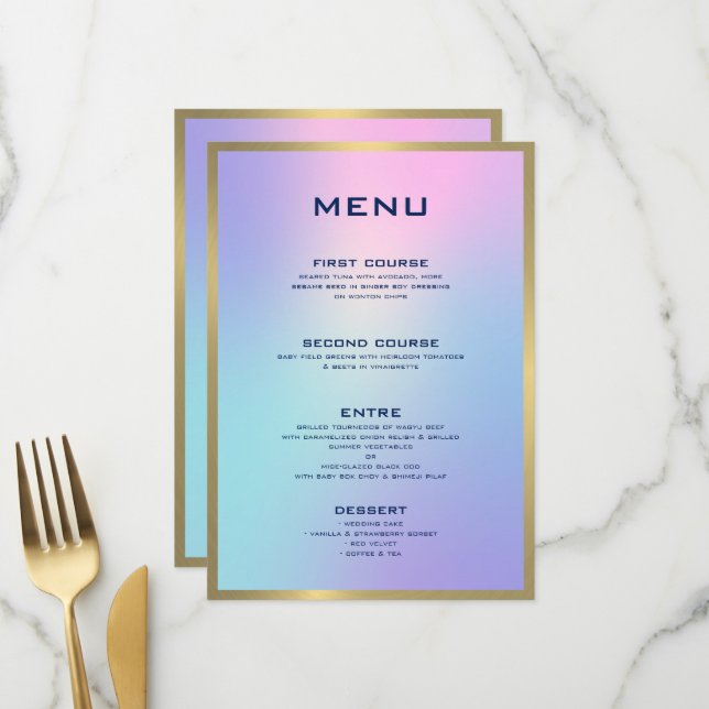 Rosa und blaue Farben, goldene Akzente Menükarte (Vorderseite/Rückseite Beispiel)
