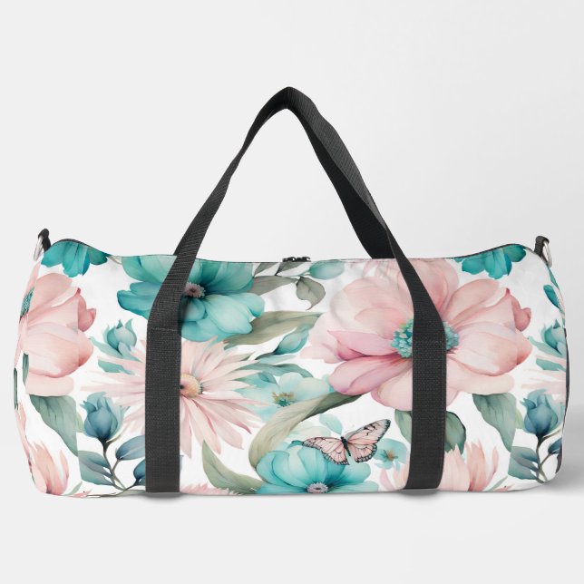 Rosa und blaue Flora mit Schmetterling Duffle Bag (Vorderseite)