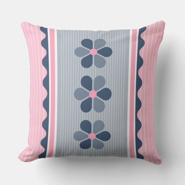 Rosa und blaue Floral Streifen Kissen (Vorderseite)