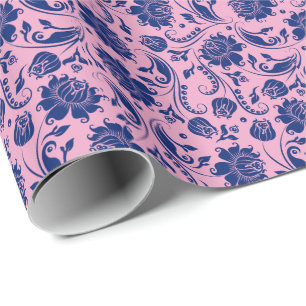 Rosa und blaue florale Damastmuster Geschenkpapier