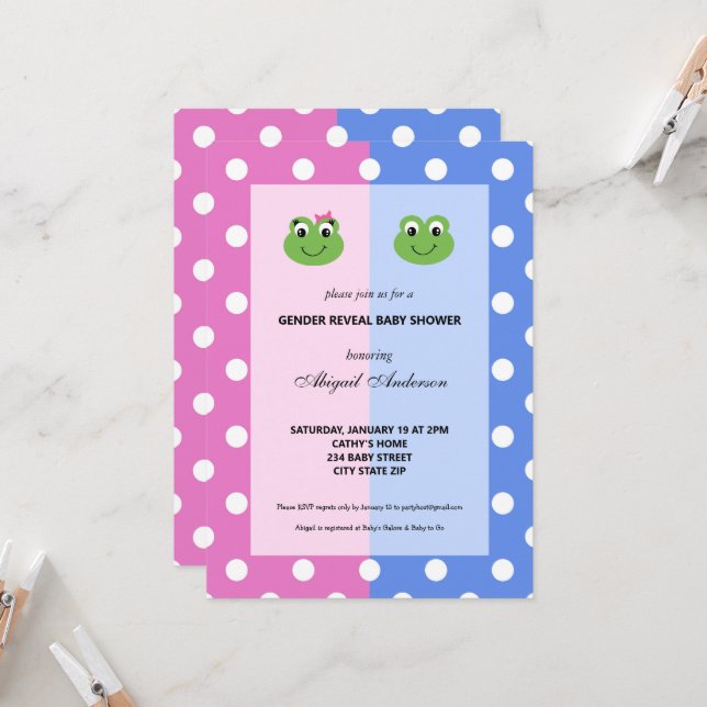Rosa und blaue Froschgeschlecht zeigen Baby-Dusche Einladung (Vorderseite/Rückseite Beispiel)
