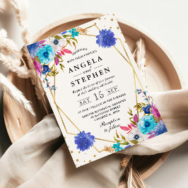 Rosa und blaue Frühlingsblumen Goldrahmen Hochzeit Einladung