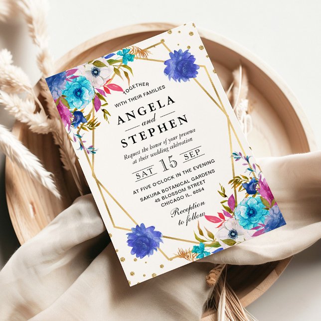 Rosa und blaue Frühlingsblumen Goldrahmen Hochzeit Einladung (Von Creator hochgeladen)