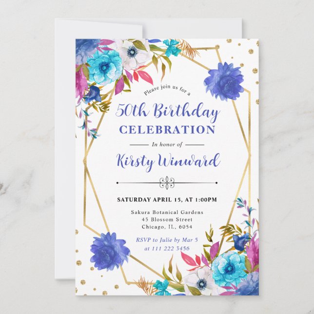 Rosa und blaue Frühlingsblumen Rahmen 50. Geburtst Einladung (Vorderseite)
