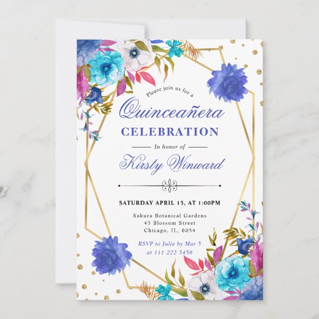Rosa und blaue Frühlingsblumen rahmen Quinceanera Einladung (Vorderseite)