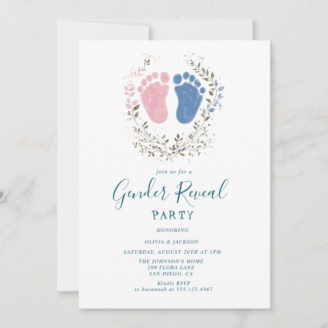 Rosa und blaue Fußstapfen Gender Reveal Party Einladung (Vorderseite)
