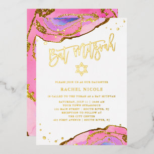 Rosa und blaue Geode mit Gold Bat Mitzvah Folieneinladung