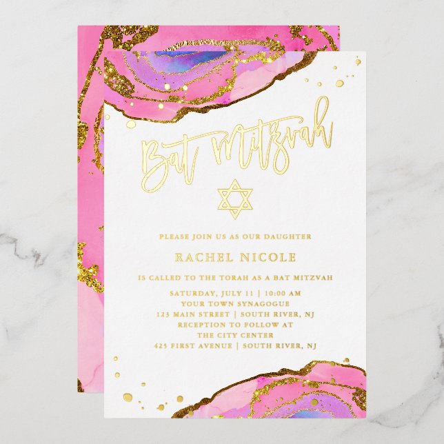 Rosa und blaue Geode mit Gold | Bat Mitzvah Folieneinladung (Vorderseite/Rückseite)