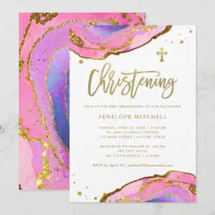 Rosa und blaue Geode mit Gold Cross Weihnachten Einladung