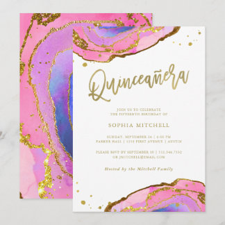 Rosa und blaue Geode mit Gold | Quinceanera Einladung