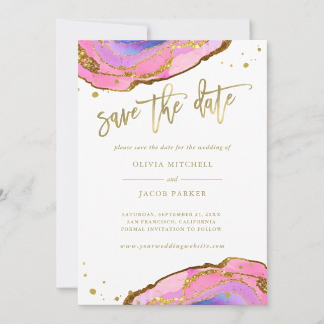 Rosa und blaue Geode und Gold | FOTO SAVE THE DATE (Vorderseite)