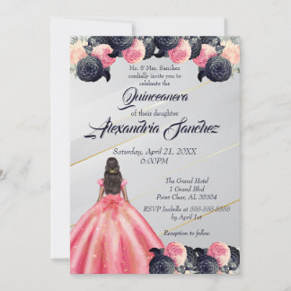 Rosa und blaue goldgestreifte Zwergquinceanera Einladung