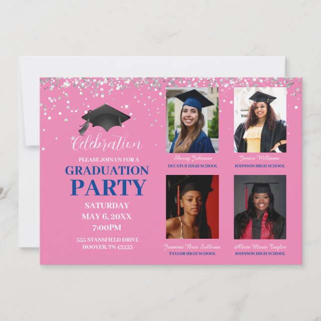 Rosa und blaue Graduierungsparty mit mehreren Foto Einladung (Vorderseite)