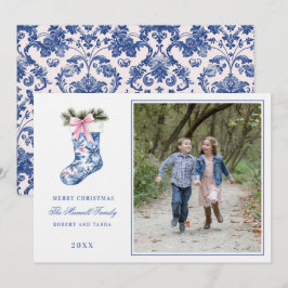 Rosa und blaue Grandmillennial Damask Stockin Foto Einladung
