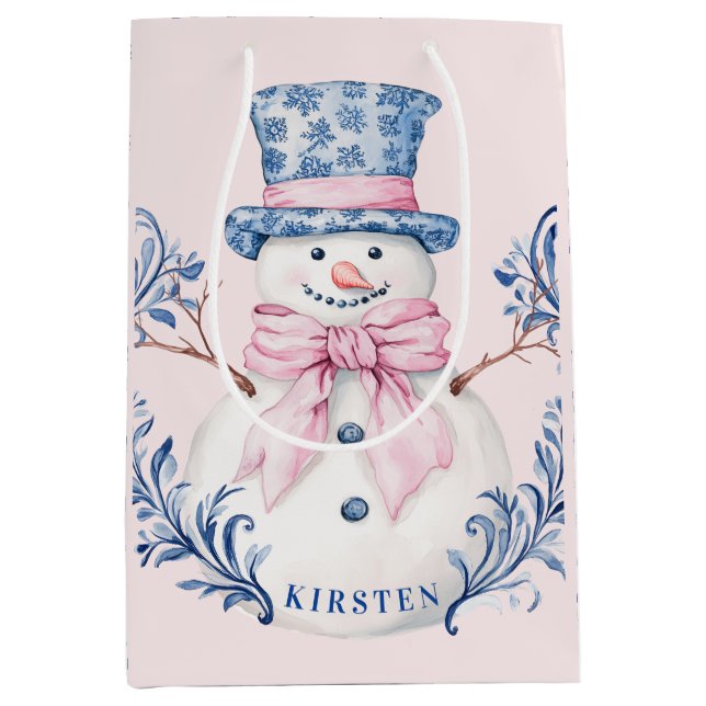 Rosa und blaue Grandmillennialer Schneemann Mittlere Geschenktüte (Vorderseite)