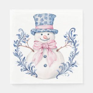 Rosa und blaue Grandmillennialer Schneemann Serviette