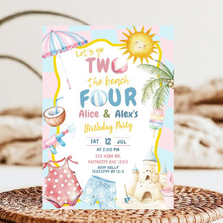 Rosa und blaue groovy Pastell-Familien-Strandparty Einladung