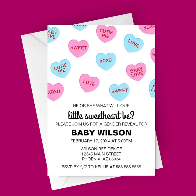 Rosa und blaue Herzchen Valentine Gender Reveal Einladung (Candy Hearts Valentine's Day Gender Reveal Party Invitation)