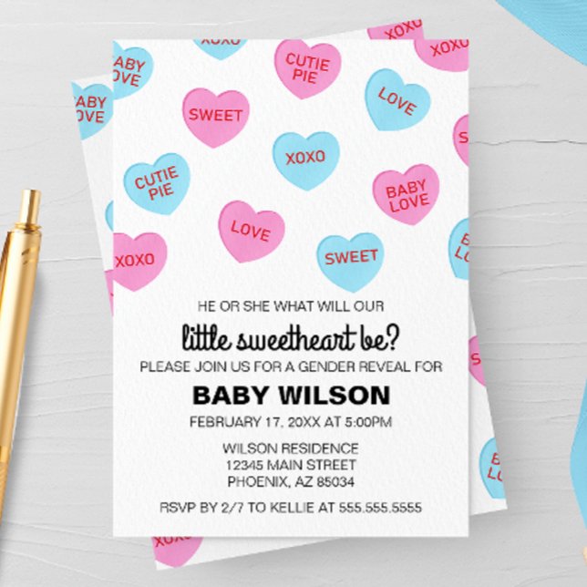 Rosa und blaue Herzchen Valentine Gender Reveal Einladung (Von Creator hochgeladen)