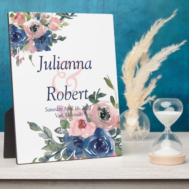 Rosa und blaue Hochzeitsfeier mit Blumen Fotoplatte (Seite)