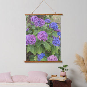 Rosa und blaue Hortensienblüten Floral Wandteppich Mit Holzrahmen