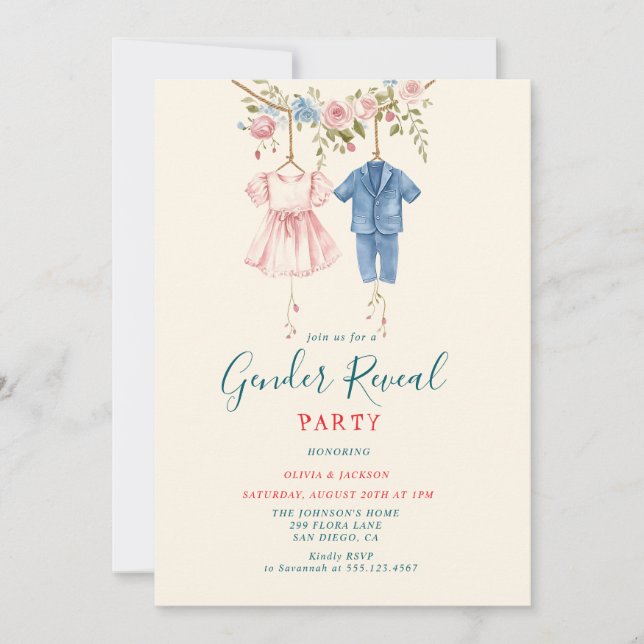 Rosa und blaue Kleidung Gender Reveal Party Einladung (Vorderseite)