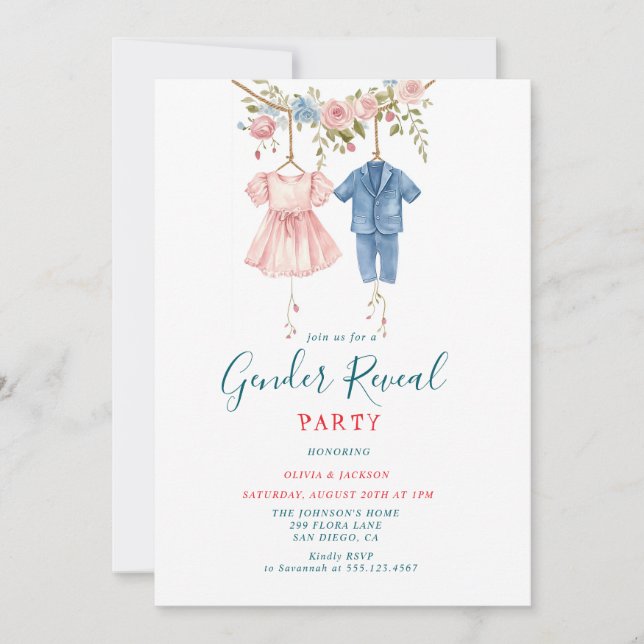 Rosa und blaue Kleidung Gender Reveal Party Einladung (Vorderseite)