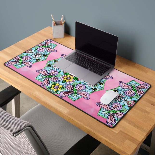 Rosa und blaue Libellen und Blume Mandala Schreibtischunterlage (Büro 2)